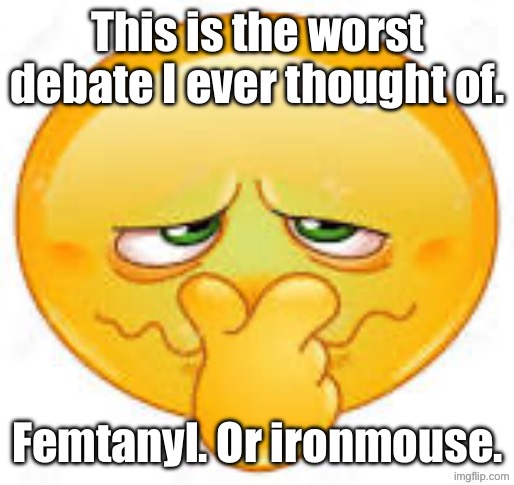 emoticon covering nose | This is the worst debate I ever thought of. Femtanyl. Or ironmouse. | image tagged in emoticon covering nose | made w/ Imgflip meme maker