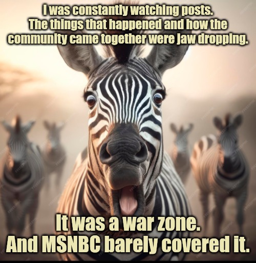 I was constantly watching posts. The things that happened and how the community came together were jaw dropping. It was a war zone. And MSNB | image tagged in wow | made w/ Imgflip meme maker