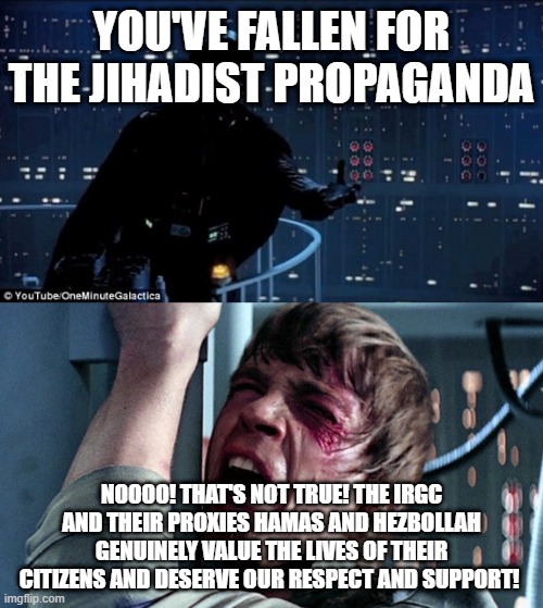 darth vader luke skywalker | YOU'VE FALLEN FOR THE JIHADIST PROPAGANDA; NOOOO! THAT'S NOT TRUE! THE IRGC AND THEIR PROXIES HAMAS AND HEZBOLLAH GENUINELY VALUE THE LIVES OF THEIR CITIZENS AND DESERVE OUR RESPECT AND SUPPORT! | image tagged in darth vader luke skywalker | made w/ Imgflip meme maker