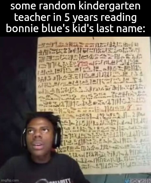 not reading allat | some random kindergarten teacher in 5 years reading bonnie blue's kid's last name: | image tagged in speed reading ancient symbols,memes | made w/ Imgflip meme maker