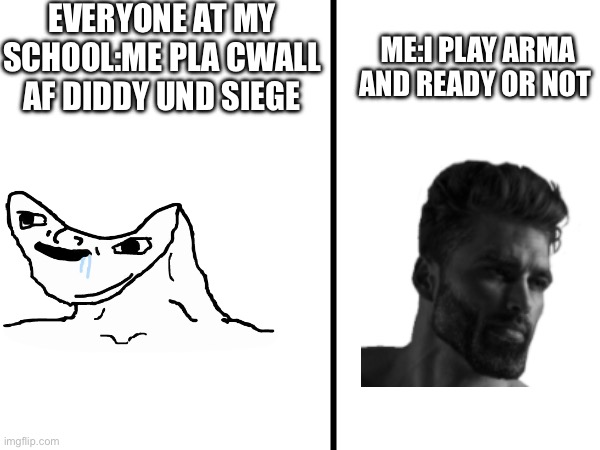Shooter game player be like | EVERYONE AT MY SCHOOL:ME PLA CWALL AF DIDDY UND SIEGE; ME:I PLAY ARMA AND READY OR NOT | image tagged in video games | made w/ Imgflip meme maker