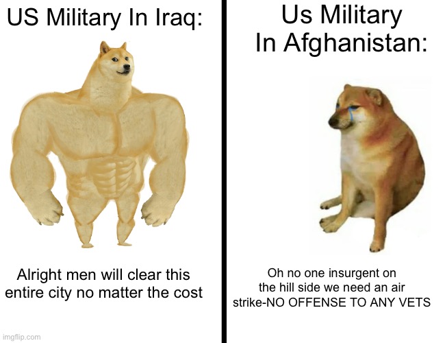 Why did we win one but lose the other | Us Military In Afghanistan:; US Military In Iraq:; Oh no one insurgent on the hill side we need an air strike-NO OFFENSE TO ANY VETS; Alright men will clear this entire city no matter the cost | image tagged in military | made w/ Imgflip meme maker