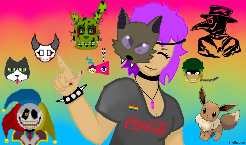 HI!! I drew myself digitally! I added some pngs I had around and idk if this looks good. (This has a few of my fandoms in it) | made w/ Imgflip meme maker