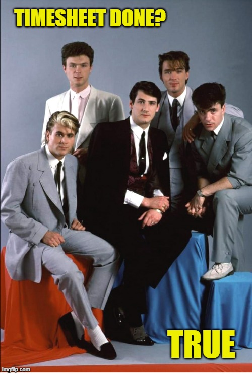 Spandau Ballet Timesheet Reminder | TIMESHEET DONE? TRUE | image tagged in spandau ballet timesheet reminder,timesheet meme,meme,timesheet reminder | made w/ Imgflip meme maker