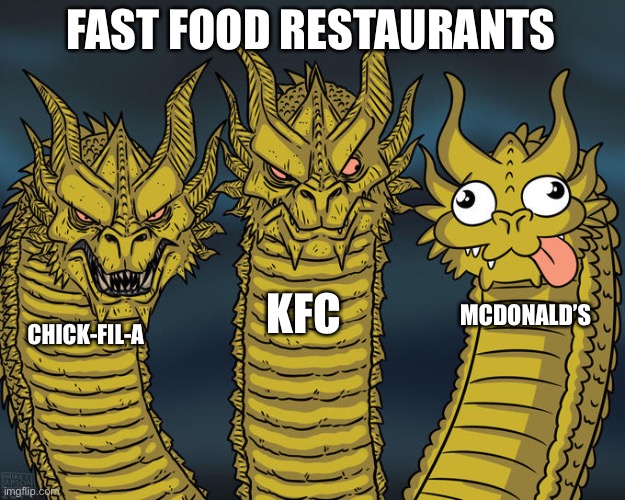 Three-headed Dragon | FAST FOOD RESTAURANTS; KFC; MCDONALD’S; CHICK-FIL-A | image tagged in three-headed dragon | made w/ Imgflip meme maker