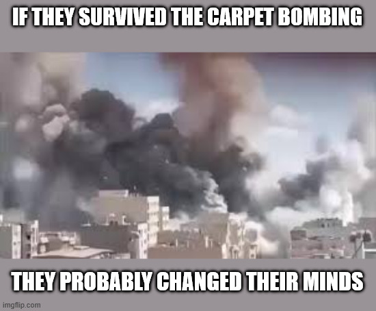 IF THEY SURVIVED THE CARPET BOMBING THEY PROBABLY CHANGED THEIR MINDS | made w/ Imgflip meme maker