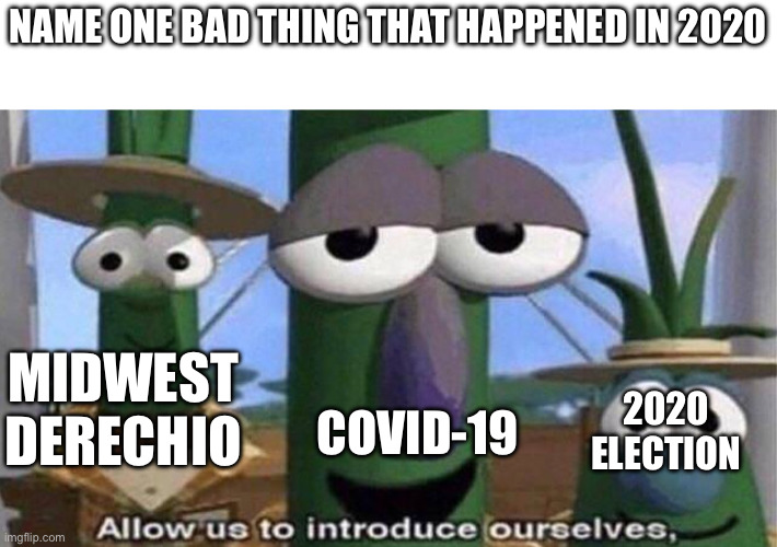 Image title | NAME ONE BAD THING THAT HAPPENED IN 2020; MIDWEST DERECHIO; COVID-19; 2020 ELECTION | image tagged in veggietales 'allow us to introduce ourselfs' | made w/ Imgflip meme maker