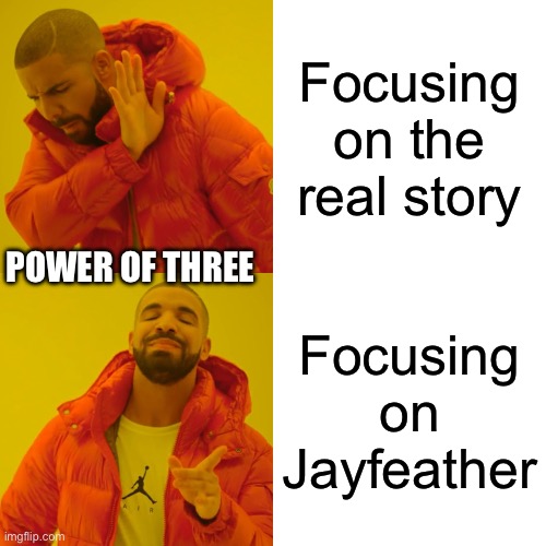 This is so true thooooooooooo | Focusing on the real story; POWER OF THREE; Focusing on Jayfeather | image tagged in memes,drake hotline bling | made w/ Imgflip meme maker