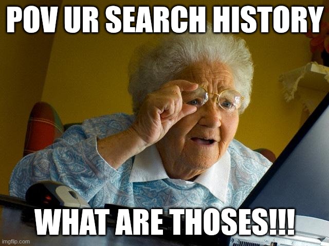 Grandma Finds The Internet Meme | POV UR SEARCH HISTORY; WHAT ARE THOSES!!! | image tagged in memes,grandma finds the internet | made w/ Imgflip meme maker