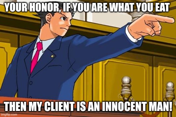 hmmm. I'm hungry | YOUR HONOR, IF YOU ARE WHAT YOU EAT; THEN MY CLIENT IS AN INNOCENT MAN! | image tagged in objection,funny,food | made w/ Imgflip meme maker