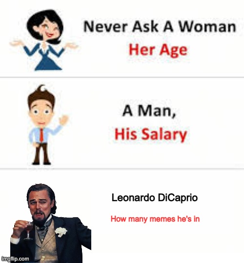 Title | Leonardo DiCaprio; How many memes he's in | image tagged in never ask a woman her age,laughing leo,memes,leonardo dicaprio | made w/ Imgflip meme maker