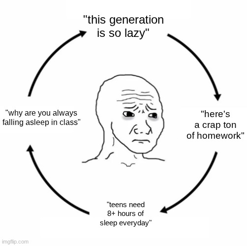 WHENEVER WE TELL ANYONE THIS they tell us a story about a house they bought in 1970 (it was $10 in the clearance aisle) | "this generation is so lazy"; "here's a crap ton of homework"; "why are you always falling asleep in class"; "teens need 8+ hours of sleep everyday" | image tagged in sad wojak cycle,school,complaining | made w/ Imgflip meme maker