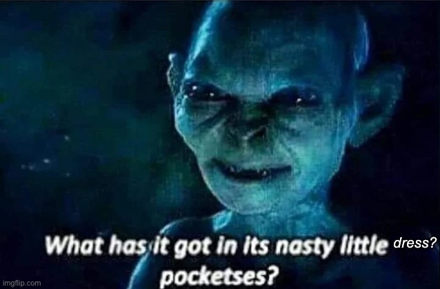 What do girls want in their dresses? | dress? | image tagged in gollum nasty pocketses,hot pockets,dress | made w/ Imgflip meme maker