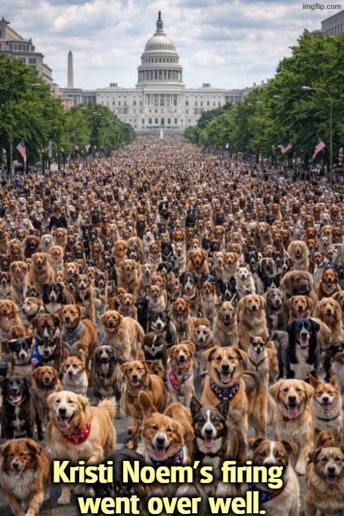 Kristi Noem's firing 
went over well. | image tagged in trump,kristi noem,you're fired,dogs | made w/ Imgflip meme maker