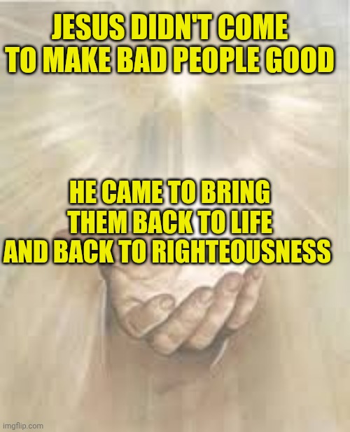 Jesus beckoning | JESUS DIDN'T COME TO MAKE BAD PEOPLE GOOD; HE CAME TO BRING THEM BACK TO LIFE AND BACK TO RIGHTEOUSNESS | image tagged in jesus beckoning | made w/ Imgflip meme maker
