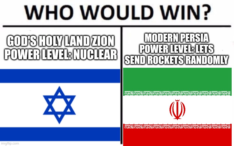 Who Would Win? | MODERN PERSIA
POWER LEVEL: LETS SEND ROCKETS RANDOMLY; GOD'S HOLY LAND ZION
POWER LEVEL: NUCLEAR | image tagged in memes,who would win | made w/ Imgflip meme maker