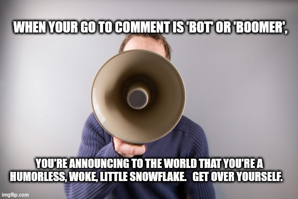 Snowflake insults | WHEN YOUR GO TO COMMENT IS 'BOT' OR 'BOOMER', YOU'RE ANNOUNCING TO THE WORLD THAT YOU'RE A HUMORLESS, WOKE, LITTLE SNOWFLAKE.   GET OVER YOURSELF. | image tagged in snowflake,bot,boomer,humorless | made w/ Imgflip meme maker