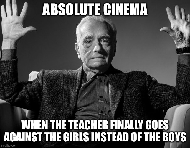 Hatred | ABSOLUTE CINEMA; WHEN THE TEACHER FINALLY GOES AGAINST THE GIRLS INSTEAD OF THE BOYS | image tagged in absolute cinema | made w/ Imgflip meme maker