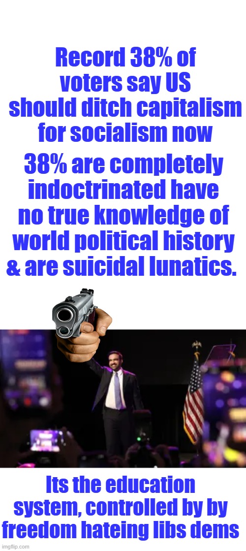First thing they'll do is take your guns, then they'll kill anyone who resist. | Record 38% of voters say US should ditch capitalism for socialism now; 38% are completely indoctrinated have no true knowledge of world political history & are suicidal lunatics. Its the education system, controlled by by freedom hateing libs dems | image tagged in memes,blank transparent square | made w/ Imgflip meme maker