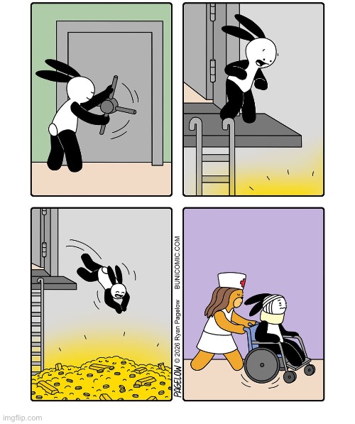 Buni Comics - Scrooge McDuck he’s not… | image tagged in comics,buni comics,vault,gold,diving,injury | made w/ Imgflip meme maker