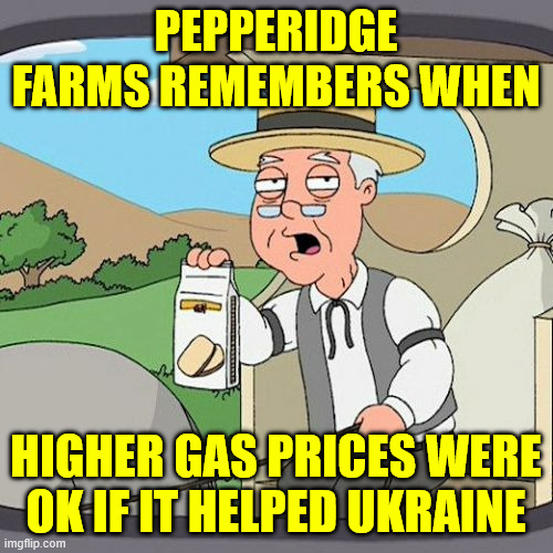 Pepperidge Farm Remembers Meme | PEPPERIDGE FARMS REMEMBERS WHEN HIGHER GAS PRICES WERE OK IF IT HELPED UKRAINE | image tagged in memes,pepperidge farm remembers | made w/ Imgflip meme maker