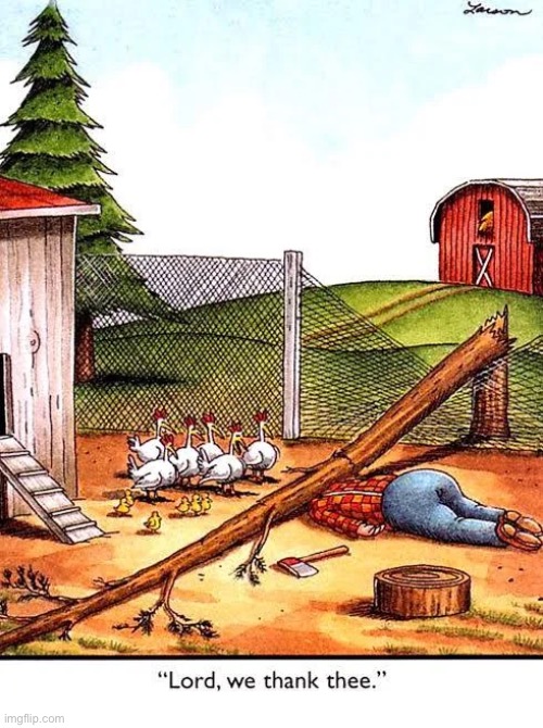 Their prayers were answered… | image tagged in the far side,comics,chickens,farmer,answered prayer,saved | made w/ Imgflip meme maker
