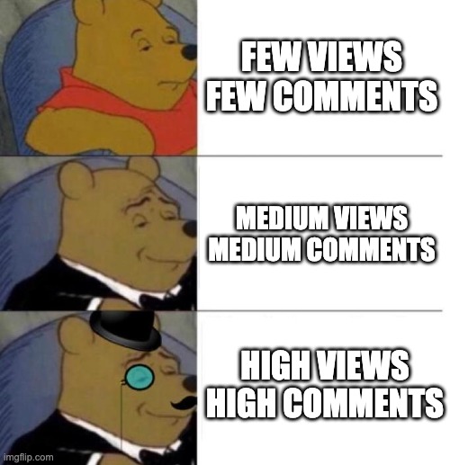 Comments are better than upvotes | FEW VIEWS FEW COMMENTS; MEDIUM VIEWS MEDIUM COMMENTS; HIGH VIEWS HIGH COMMENTS | image tagged in tuxedo winnie the pooh 3 panel,memes,funny | made w/ Imgflip meme maker