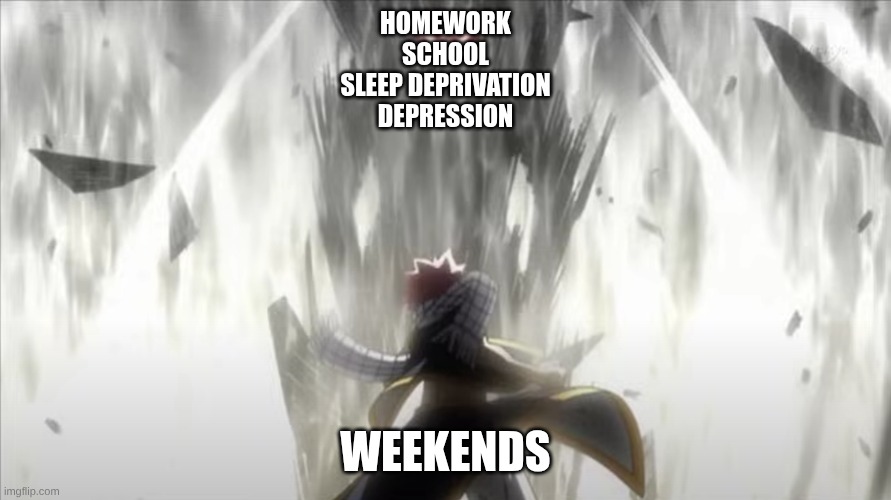 Natsu Meme Template | HOMEWORK
SCHOOL
SLEEP DEPRIVATION
DEPRESSION; WEEKENDS | image tagged in natsu meme template | made w/ Imgflip meme maker