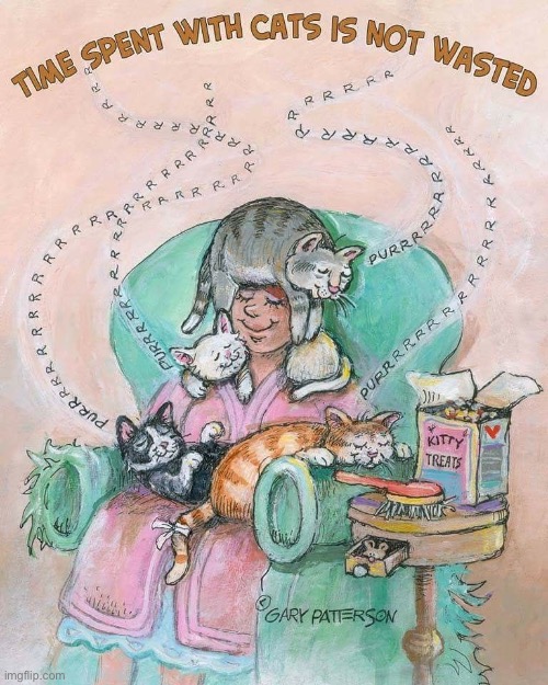 “Creature comforts” | image tagged in cats,cartoon,gary patterson,creature comforts,purring,happy | made w/ Imgflip meme maker