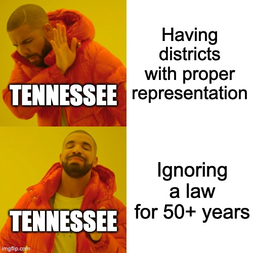 Baker v. Carr | Having districts with proper representation; TENNESSEE; Ignoring a law for 50+ years; TENNESSEE | image tagged in memes,drake hotline bling | made w/ Imgflip meme maker