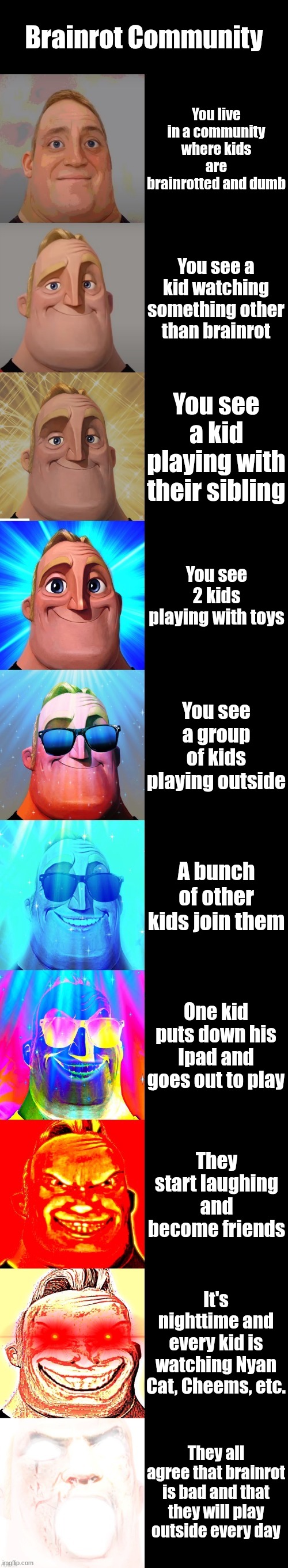 If only this would happen to the community... | Brainrot Community; You live in a community where kids are brainrotted and dumb; You see a kid watching something other than brainrot; You see a kid playing with their sibling; You see 2 kids playing with toys; You see a group of kids playing outside; A bunch of other kids join them; One kid puts down his Ipad and goes out to play; They start laughing and become friends; It's nighttime and every kid is watching Nyan Cat, Cheems, etc. They all agree that brainrot is bad and that they will play outside every day | image tagged in mr incredible becoming canny,anti-brainrot,happy,outside,touch grass | made w/ Imgflip meme maker