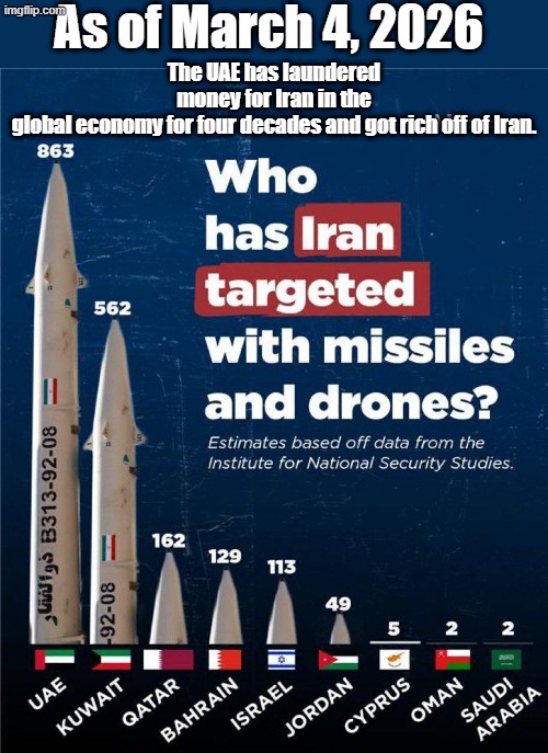 So there is the Little satan, Great satan and then there is the two faced UAE playing both ends for money... | As of March 4, 2026; The UAE has laundered money for Iran in the global economy for four decades and got rich off of Iran. | image tagged in iran,uae | made w/ Imgflip meme maker