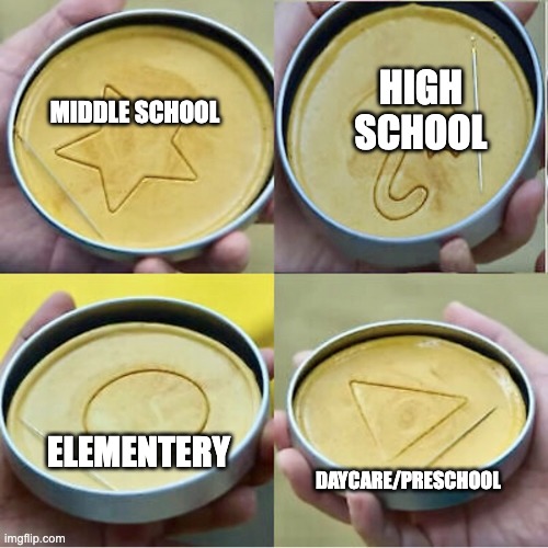 real | HIGH SCHOOL; MIDDLE SCHOOL; ELEMENTERY; DAYCARE/PRESCHOOL | image tagged in sugar honeycomb | made w/ Imgflip meme maker