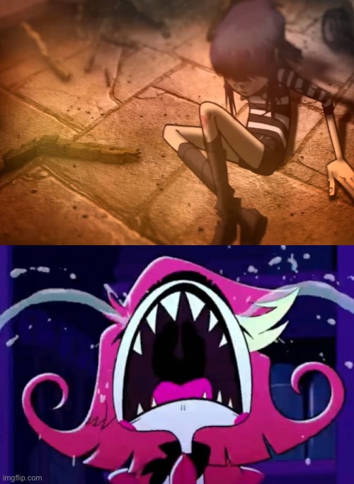 Niffty cries over Noodle’s “death” in El Manana | image tagged in hazbin hotel,niffty,gorillaz | made w/ Imgflip meme maker