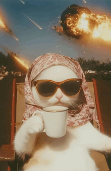 Cat drinking tea while world ends Blank Meme Template