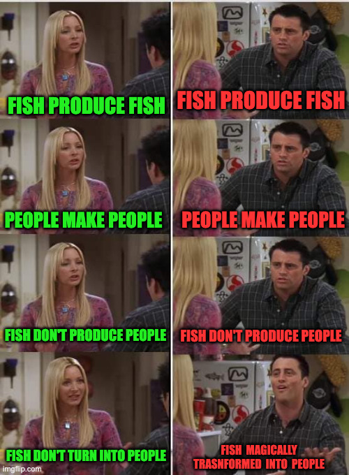 Phoebe Joey | FISH PRODUCE FISH; FISH PRODUCE FISH; PEOPLE MAKE PEOPLE; PEOPLE MAKE PEOPLE; FISH DON'T PRODUCE PEOPLE; FISH DON'T PRODUCE PEOPLE; FISH DON'T TURN INTO PEOPLE; FISH  MAGICALLY  TRASNFORMED  INTO  PEOPLE | image tagged in phoebe joey | made w/ Imgflip meme maker