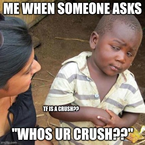 huh??? | ME WHEN SOMEONE ASKS; "WHOS UR CRUSH??"; TF IS A CRUSH?? | image tagged in memes,third world skeptical kid | made w/ Imgflip meme maker
