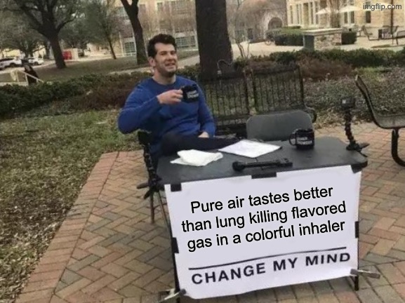 Change My Mind | Pure air tastes better than lung killing flavored gas in a colorful inhaler | image tagged in memes,change my mind | made w/ Imgflip meme maker