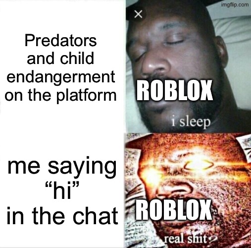 Roblox | Predators and child endangerment on the platform; ROBLOX; me saying “hi” in the chat; ROBLOX | image tagged in memes,sleeping shaq | made w/ Imgflip meme maker