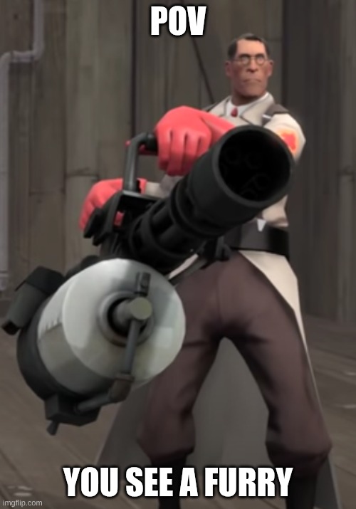 if medic saw a furry | POV; YOU SEE A FURRY | image tagged in tf2 minigun medic | made w/ Imgflip meme maker