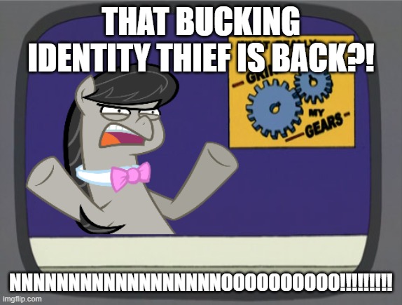 what really grinds my gears Octavia Melody | THAT BUCKING IDENTITY THIEF IS BACK?! NNNNNNNNNNNNNNNNNNOOOOOOOOOO!!!!!!!!! | image tagged in what really grinds my gears octavia melody | made w/ Imgflip meme maker