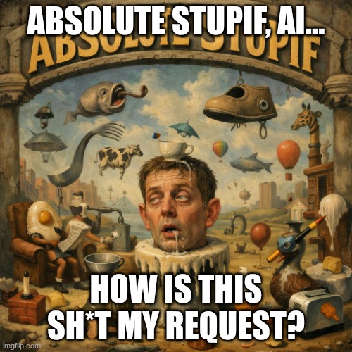 ABSOLUTE STUPIF, AI... HOW IS THIS SH*T MY REQUEST? | image tagged in artificial intelligence,absolute cinema,stupid | made w/ Imgflip meme maker