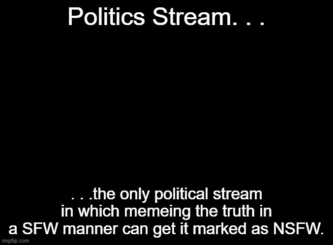 To annoyed by this to make a proper title. . . | Politics Stream. . . . . .the only political stream in which memeing the truth in a SFW manner can get it marked as NSFW. | image tagged in blank black,politics,political meme,meme,scumbag leftist mods | made w/ Imgflip meme maker