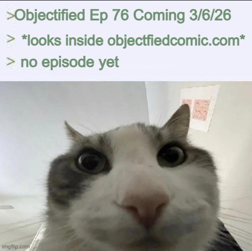 gimme the silly object comic </3 | Objectified Ep 76 Coming 3/6/26; *looks inside objectfiedcomic.com*; no episode yet | image tagged in cat looks inside | made w/ Imgflip meme maker