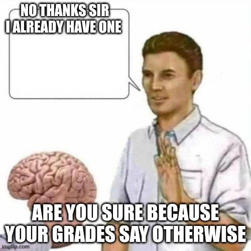 No thanks brain | NO THANKS SIR I ALREADY HAVE ONE; ARE YOU SURE BECAUSE YOUR GRADES SAY OTHERWISE | image tagged in no thanks brain | made w/ Imgflip meme maker