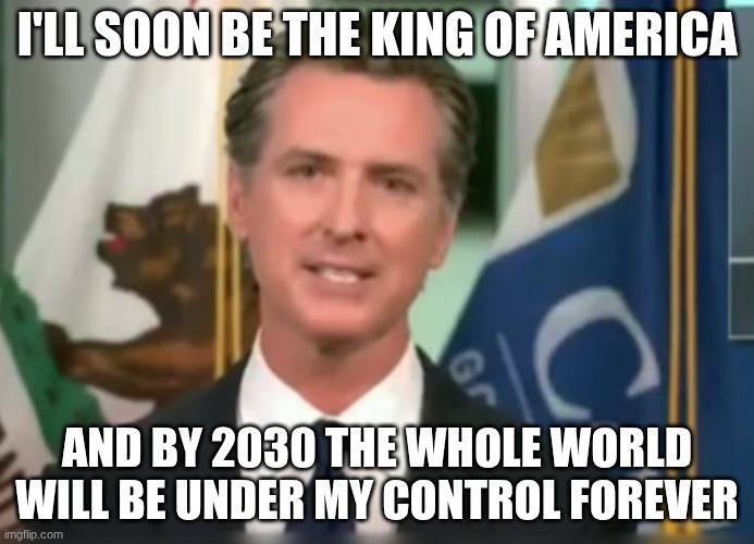 Delusional Gavin | I'LL SOON BE THE KING OF AMERICA; AND BY 2030 THE WHOLE WORLD WILL BE UNDER MY CONTROL FOREVER | image tagged in gavin newsom dictator | made w/ Imgflip meme maker