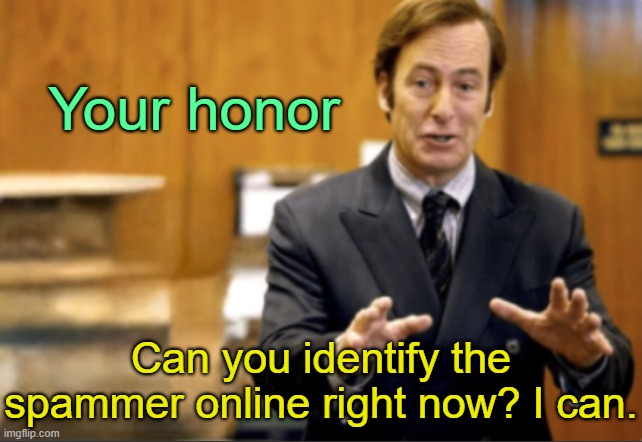 . | Your honor; Can you identify the spammer online right now? I can. | image tagged in saul goodman defending | made w/ Imgflip meme maker
