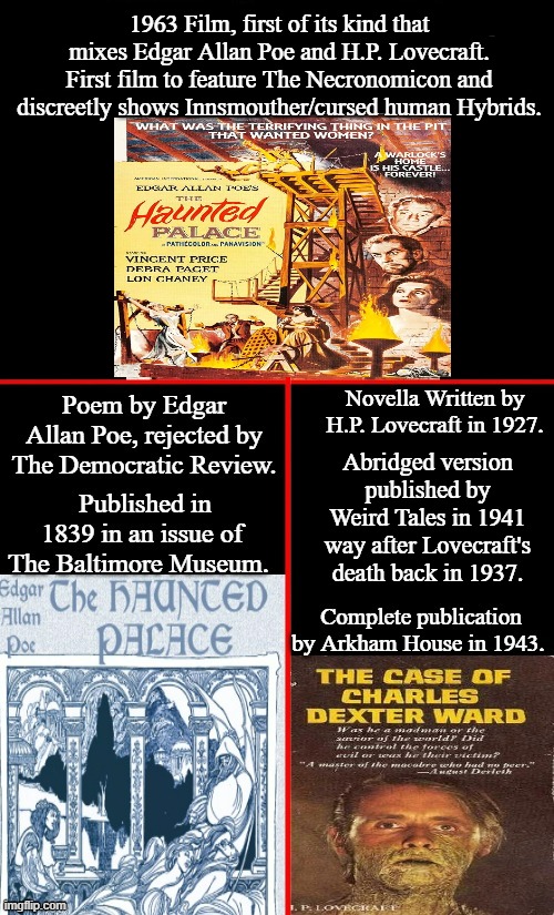 The Haunted Palace | 1963 Film, first of its kind that mixes Edgar Allan Poe and H.P. Lovecraft. First film to feature The Necronomicon and discreetly shows Innsmouther/cursed human Hybrids. Abridged version published by Weird Tales in 1941 way after Lovecraft's death back in 1937. | image tagged in the haunted palace,the case of charles dexter ward,edgar allan poe,h p lovecraft,google images,memes | made w/ Imgflip meme maker