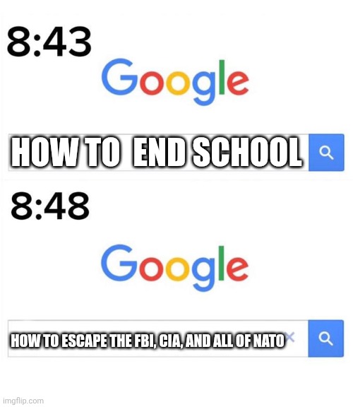 What did he do? | HOW TO  END SCHOOL; HOW TO ESCAPE THE FBI, CIA, AND ALL OF NATO | image tagged in google before after | made w/ Imgflip meme maker