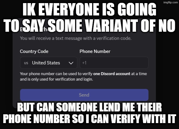 IK EVERYONE IS GOING TO SAY SOME VARIANT OF NO; BUT CAN SOMEONE LEND ME THEIR PHONE NUMBER SO I CAN VERIFY WITH IT | made w/ Imgflip meme maker